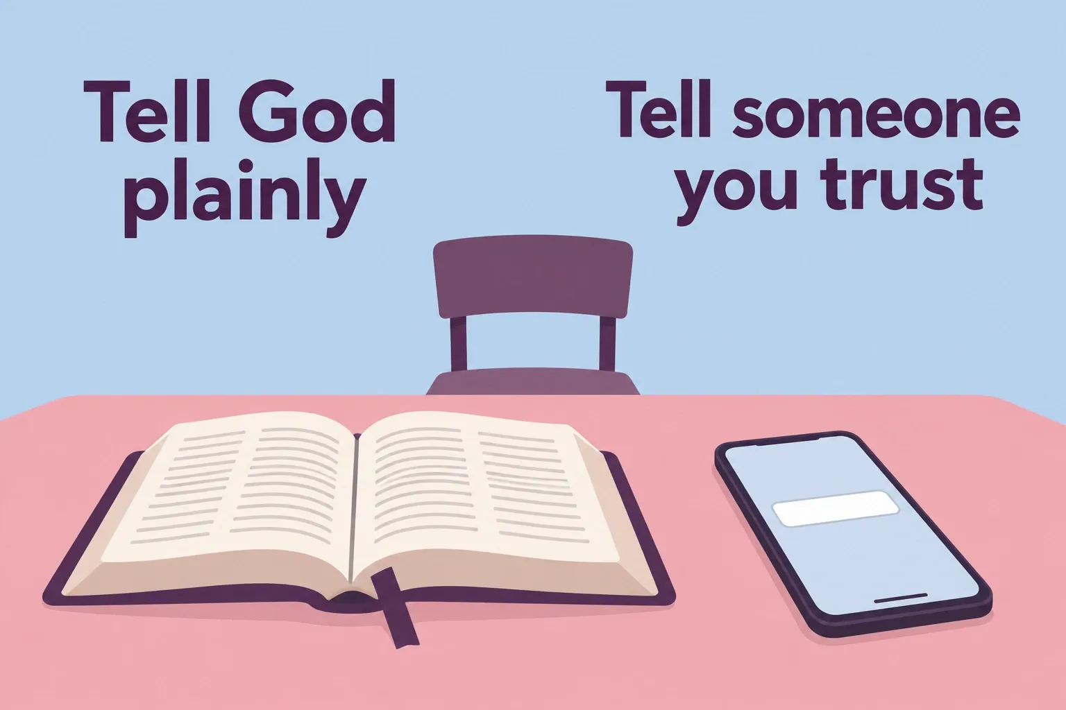 An open Bible and a phone pair prayer with telling a trusted person after a relapse.