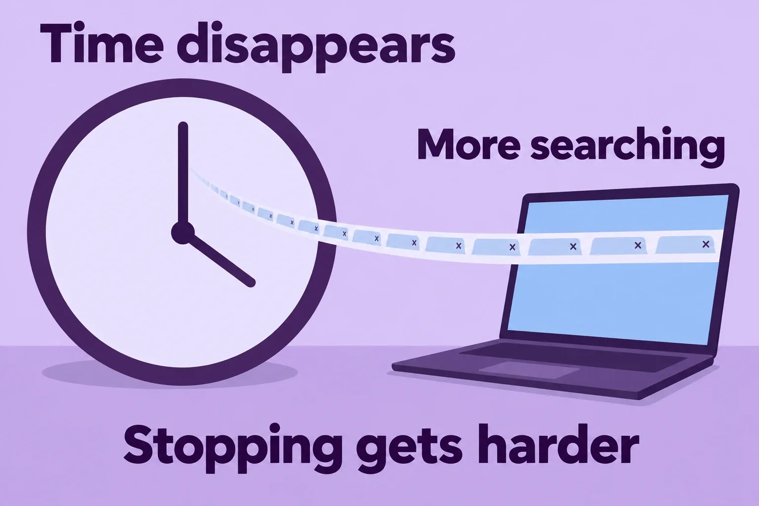 A clock and expanding browser tabs illustrate losing time, searching more, and finding it harder to stop.