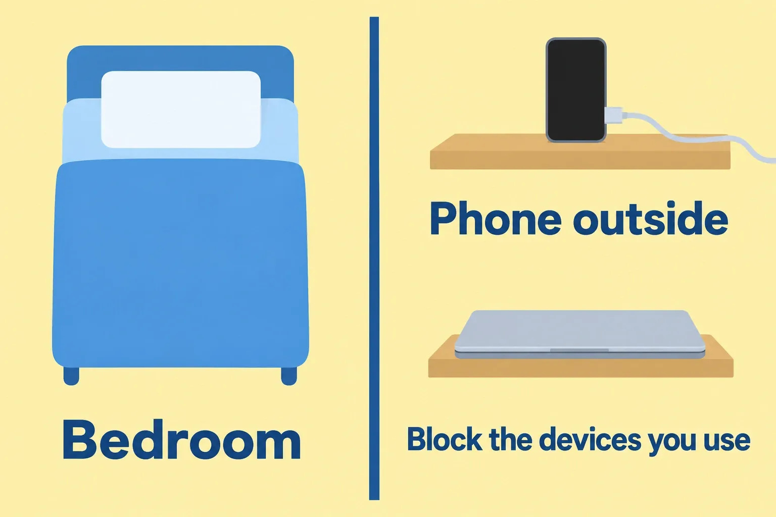 A simple overhead diagram places the phone outside the bedroom and reminds the reader to block the devices they use.