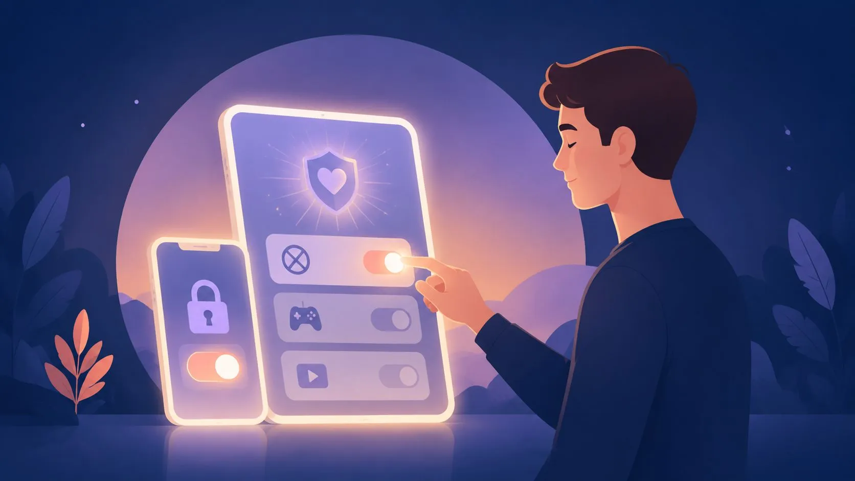 A young man interacting with a digital interface to set content filters and parental controls on devices.