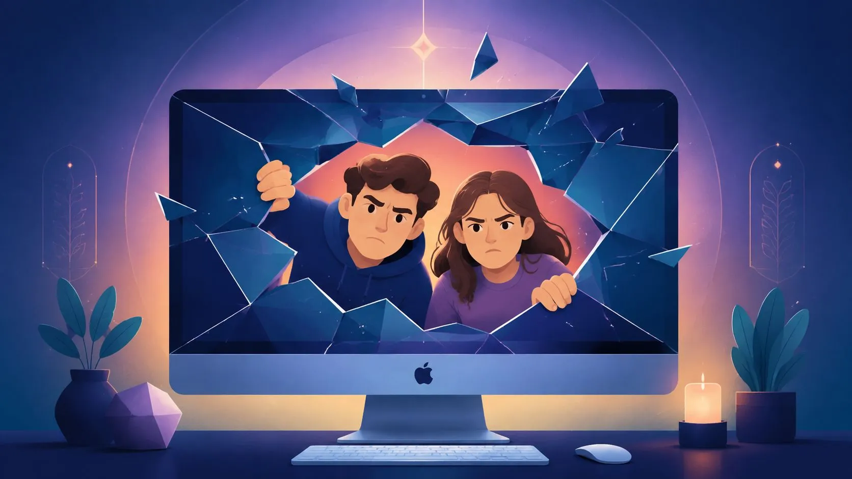 A young couple looks concerned while emerging through a cracked computer screen on a desktop monitor.