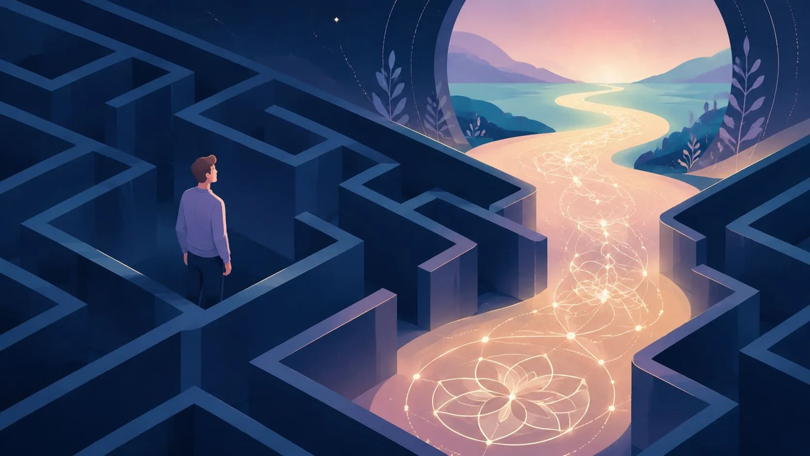 A person standing in a maze looking towards a bright, glowing path leading to a peaceful horizon.