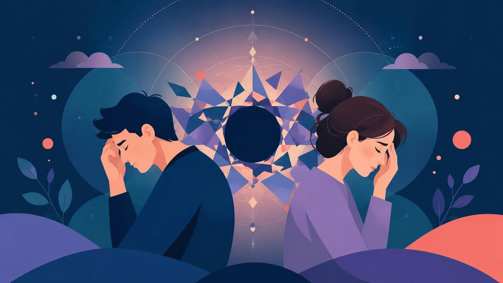 A couple sitting back to back in distress, illustrating the emotional strain of pornography and marriage issues.