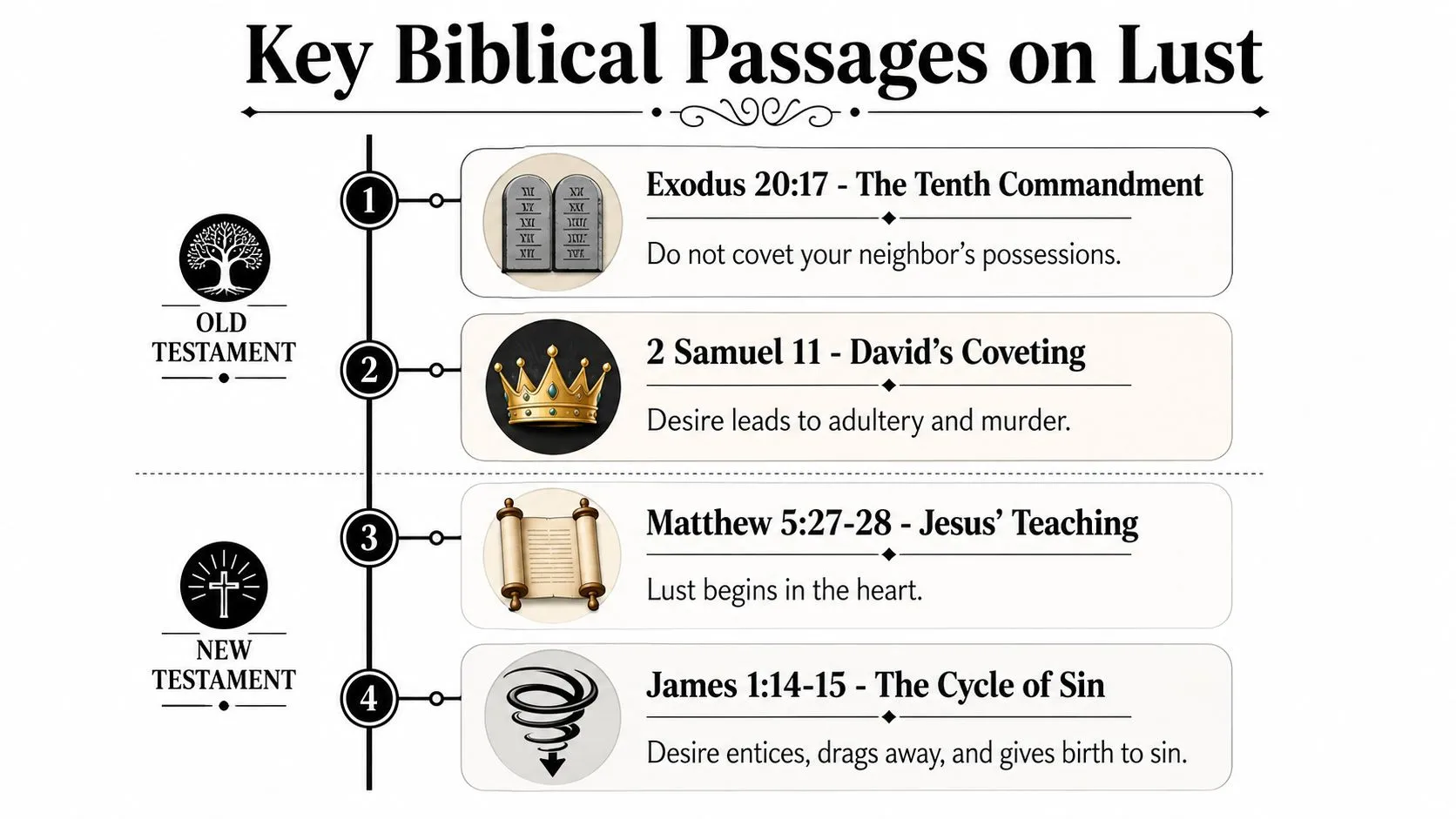 A timeline graphic illustrating key Biblical passages regarding lust, covering both the Old and New Testaments.