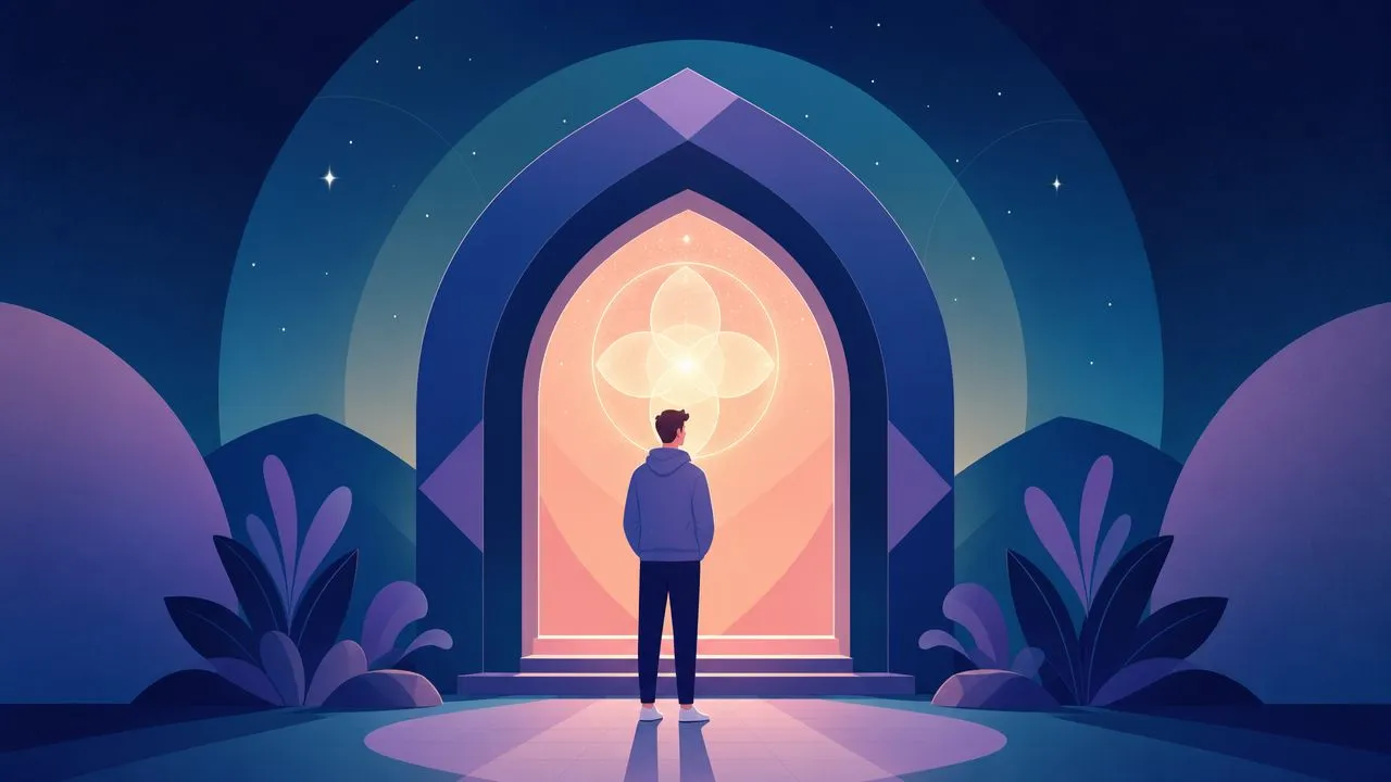 A person standing before a glowing archway representing spiritual growth and inner discovery in a serene landscape.