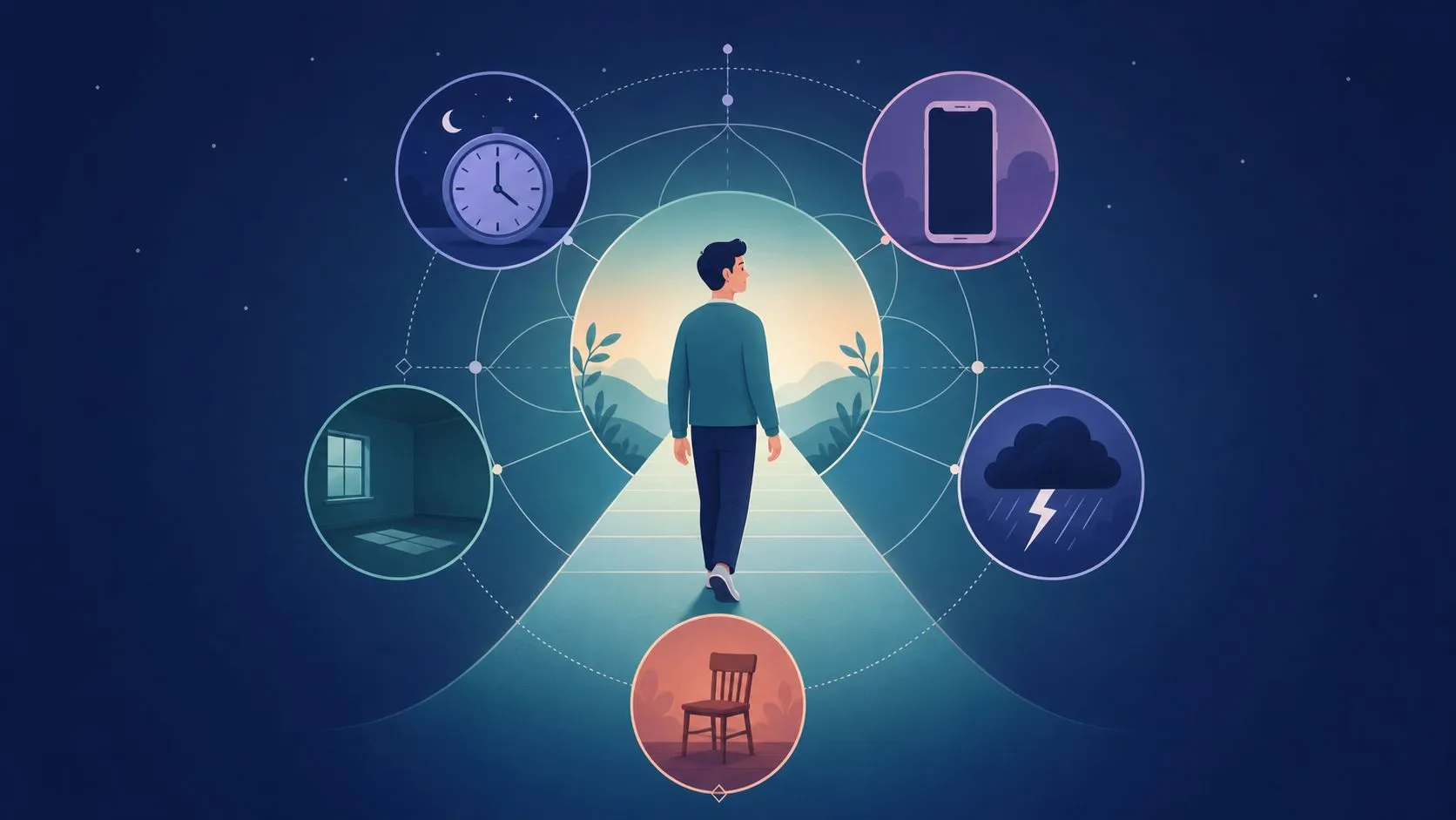 A person walking toward a bright horizon, surrounded by circular icons representing different life challenges and stressors.