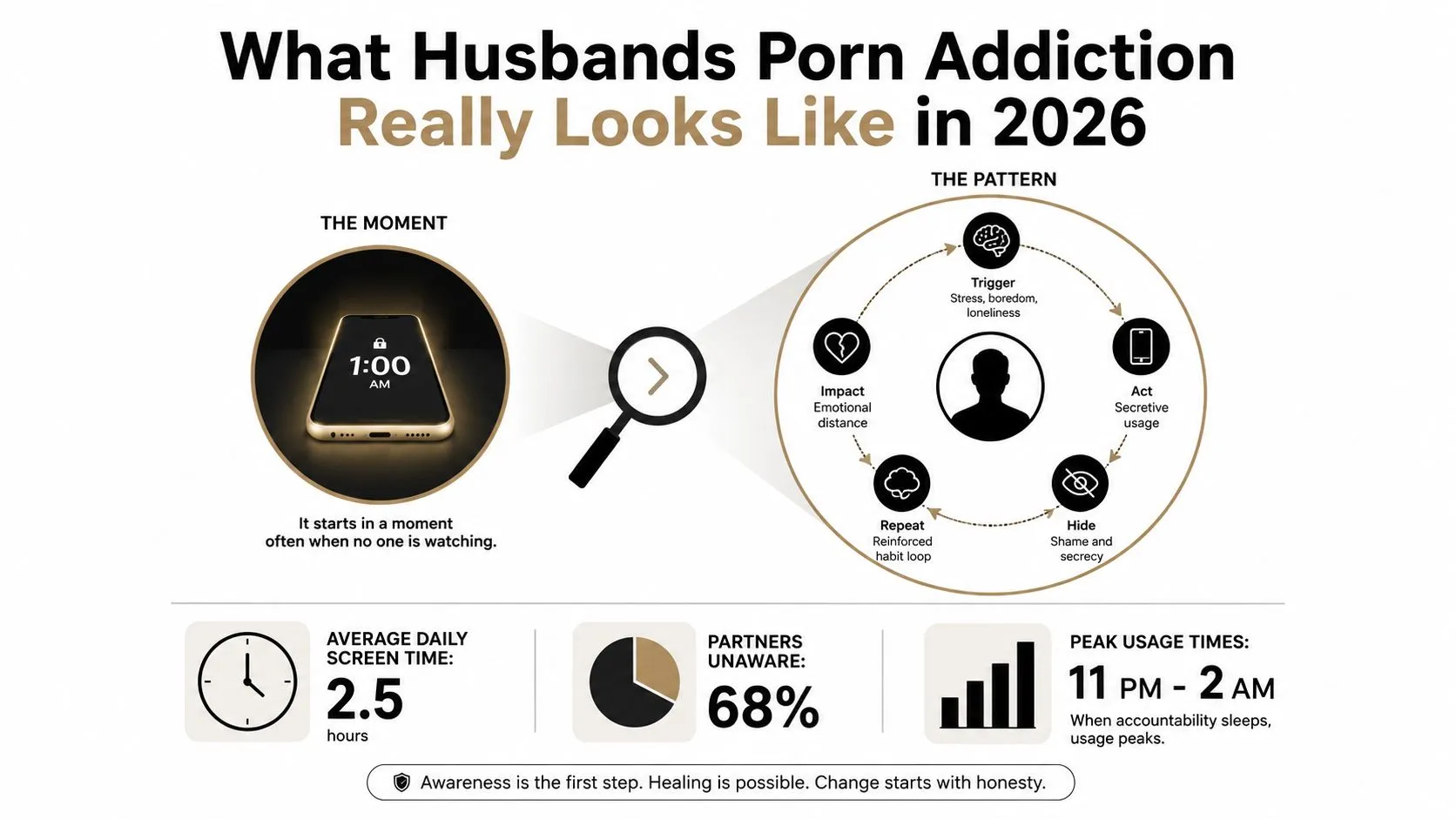 An infographic detailing the psychological pattern, secretive behavior, and statistics surrounding husbands’ porn addiction in 2026.
