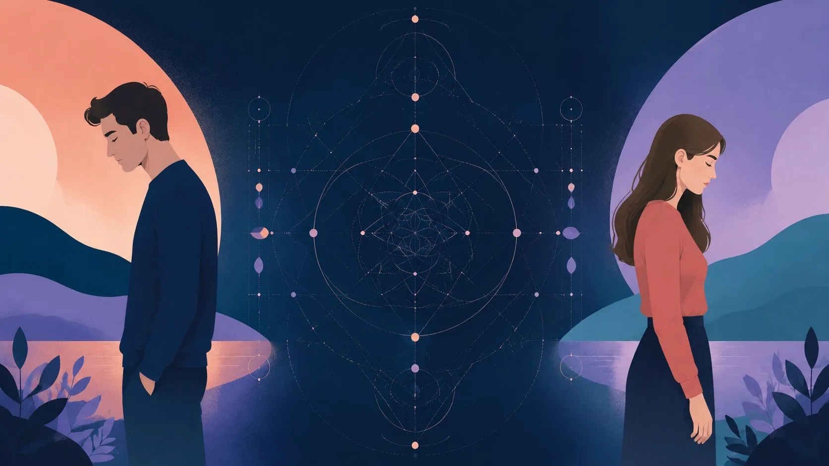 An artistic illustration of a man and woman standing apart, separated by a complex geometric pattern.