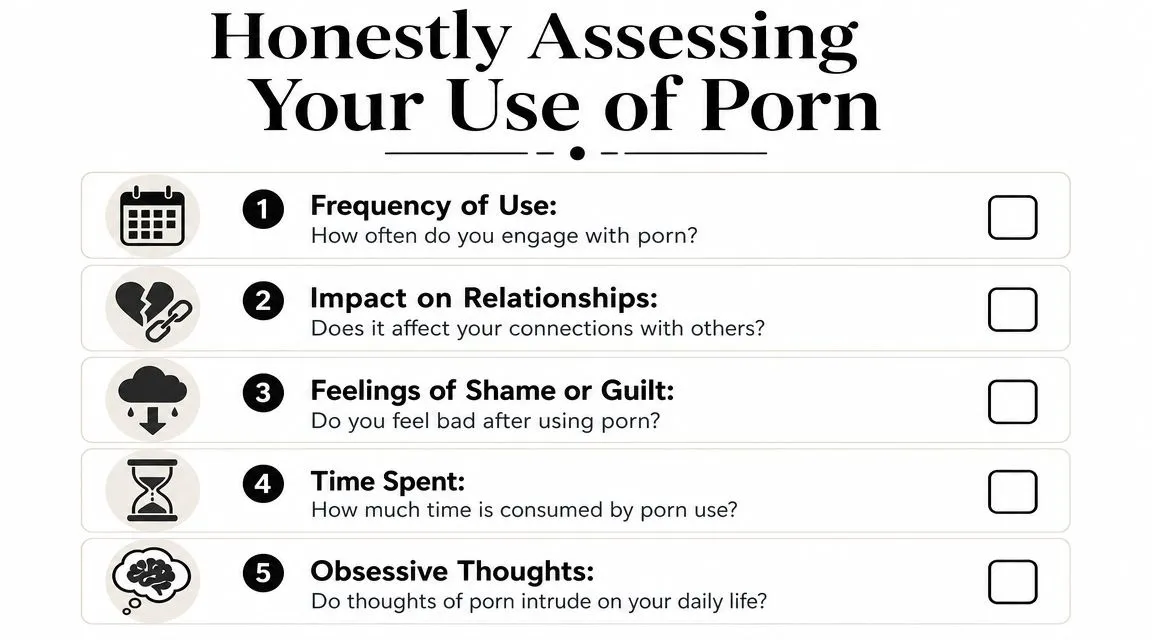 A checklist titled Honestly Assessing Your Use of Porn with five questions about habit impact.