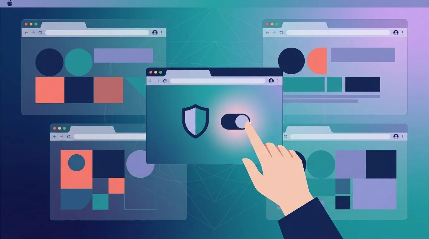 An illustration showing a hand toggling a security shield switch on a web browser interface window.