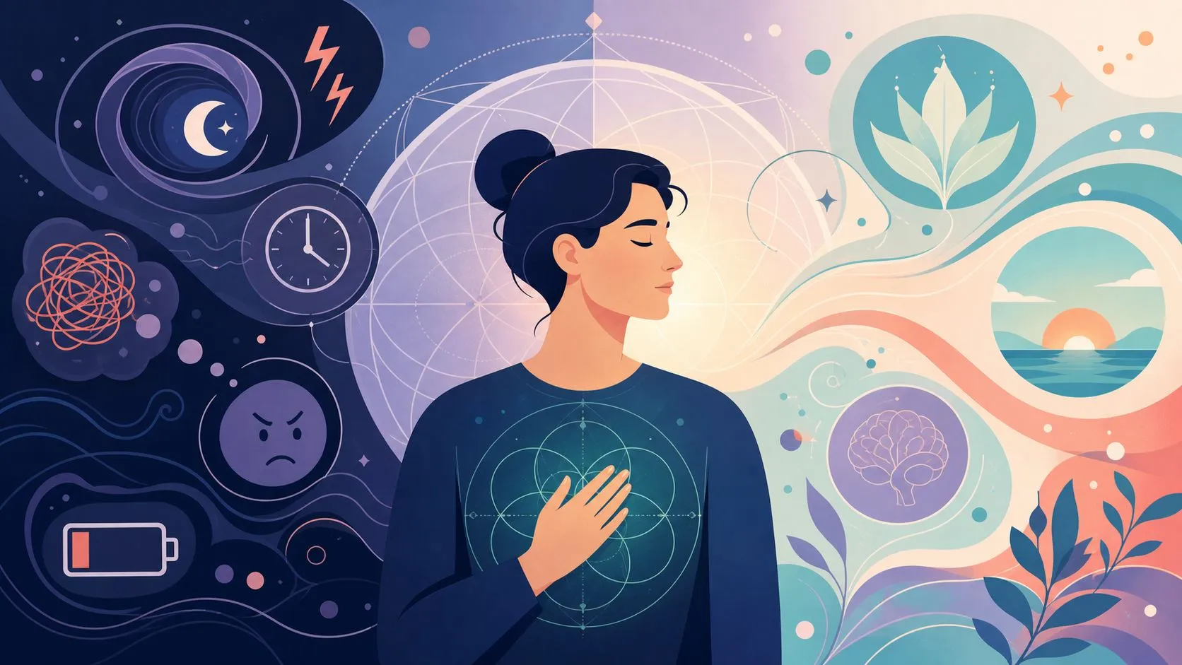 A woman balancing chaotic emotional stress on the left with peaceful mental clarity on the right.