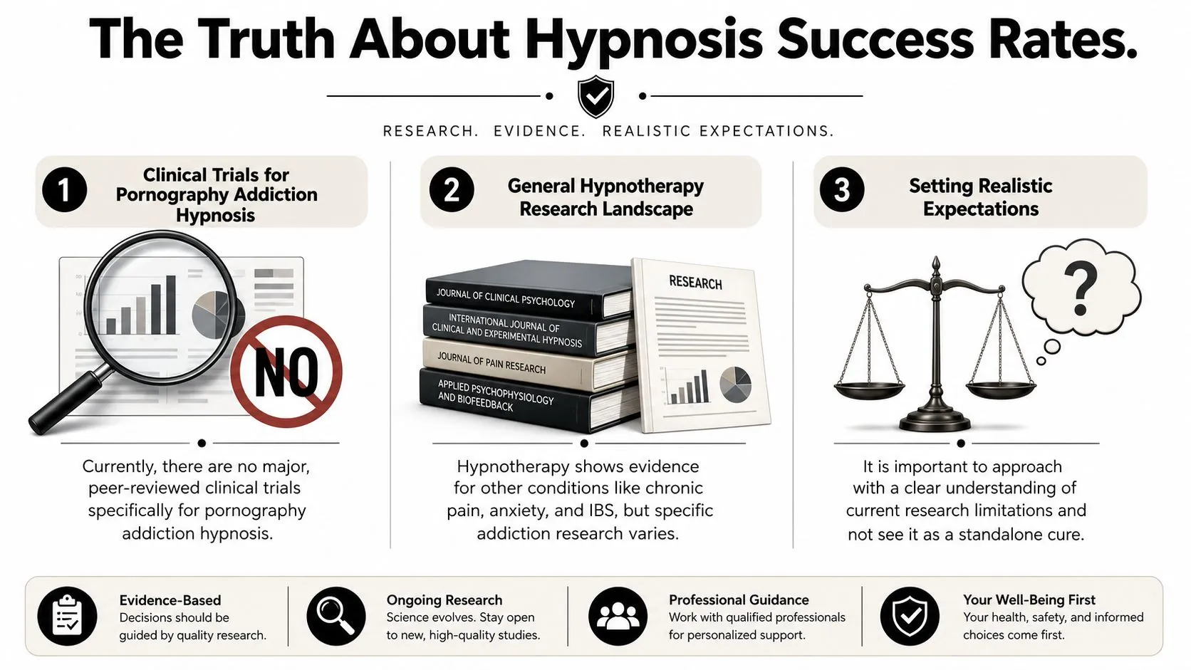An infographic titled The Truth About Hypnosis Success Rates, detailing research evidence and realistic expectations for addiction.