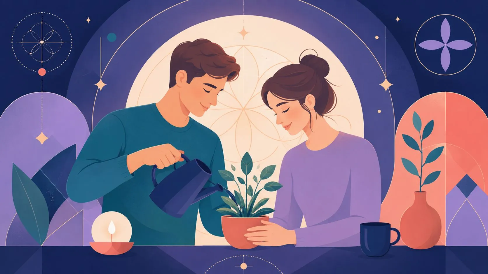 A couple lovingly caring for a houseplant together in a cozy and artistic setting.
