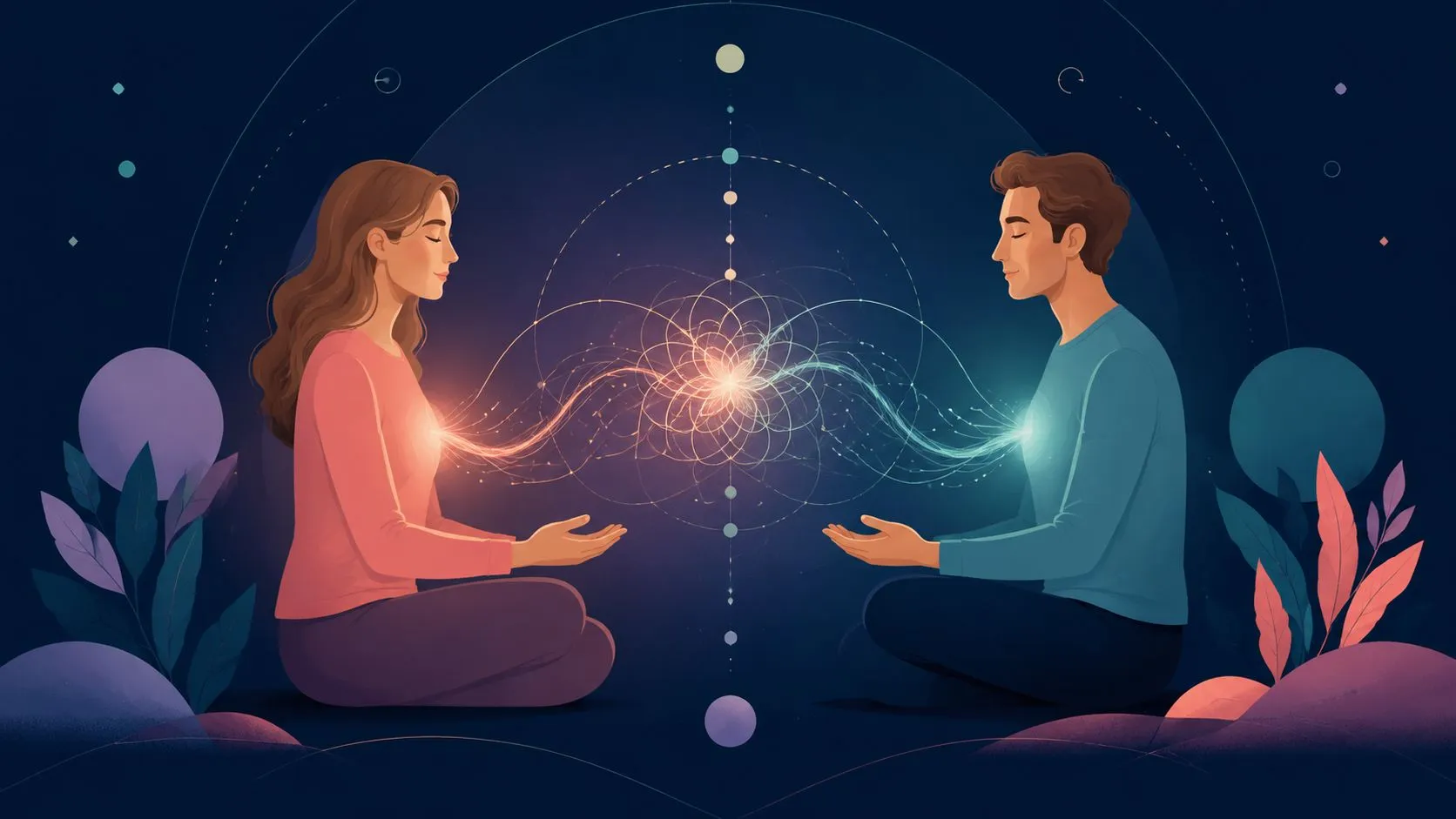 A couple meditating together with a glowing light connection between their hearts, symbolizing spiritual connection and intimacy.
