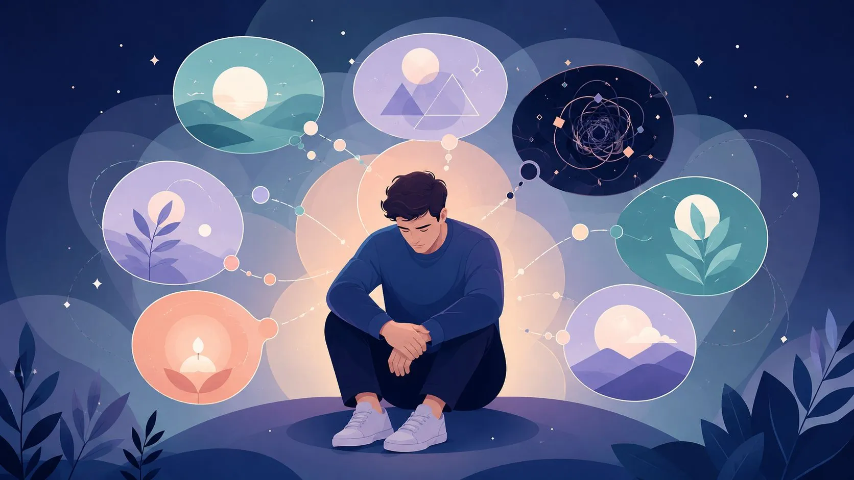A person sitting with their head down surrounded by abstract thought bubbles illustrating mental health and contemplation.