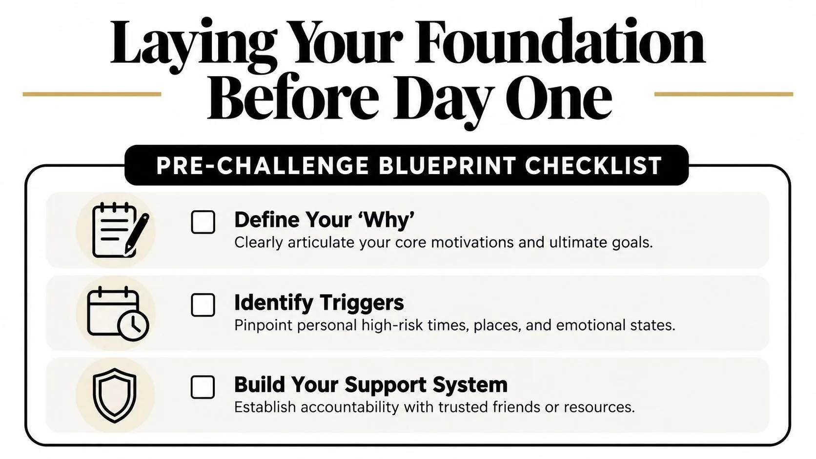 A pre-challenge blueprint checklist with steps to define your why, identify triggers, and build a support system.