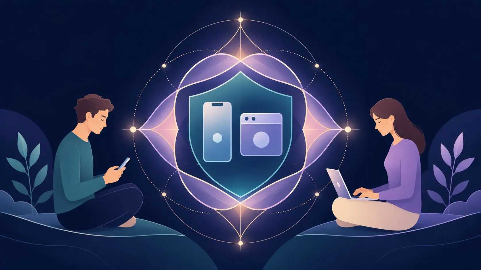 A man and woman using digital devices protected by a glowing cyber security shield icon illustration.