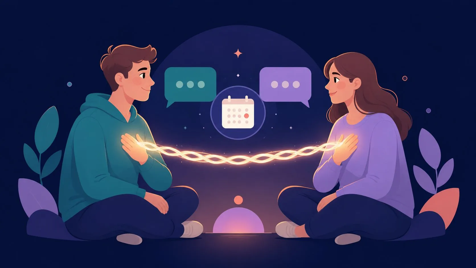 A young man and woman sit facing each other, sharing a warm glowing connection between their hearts.