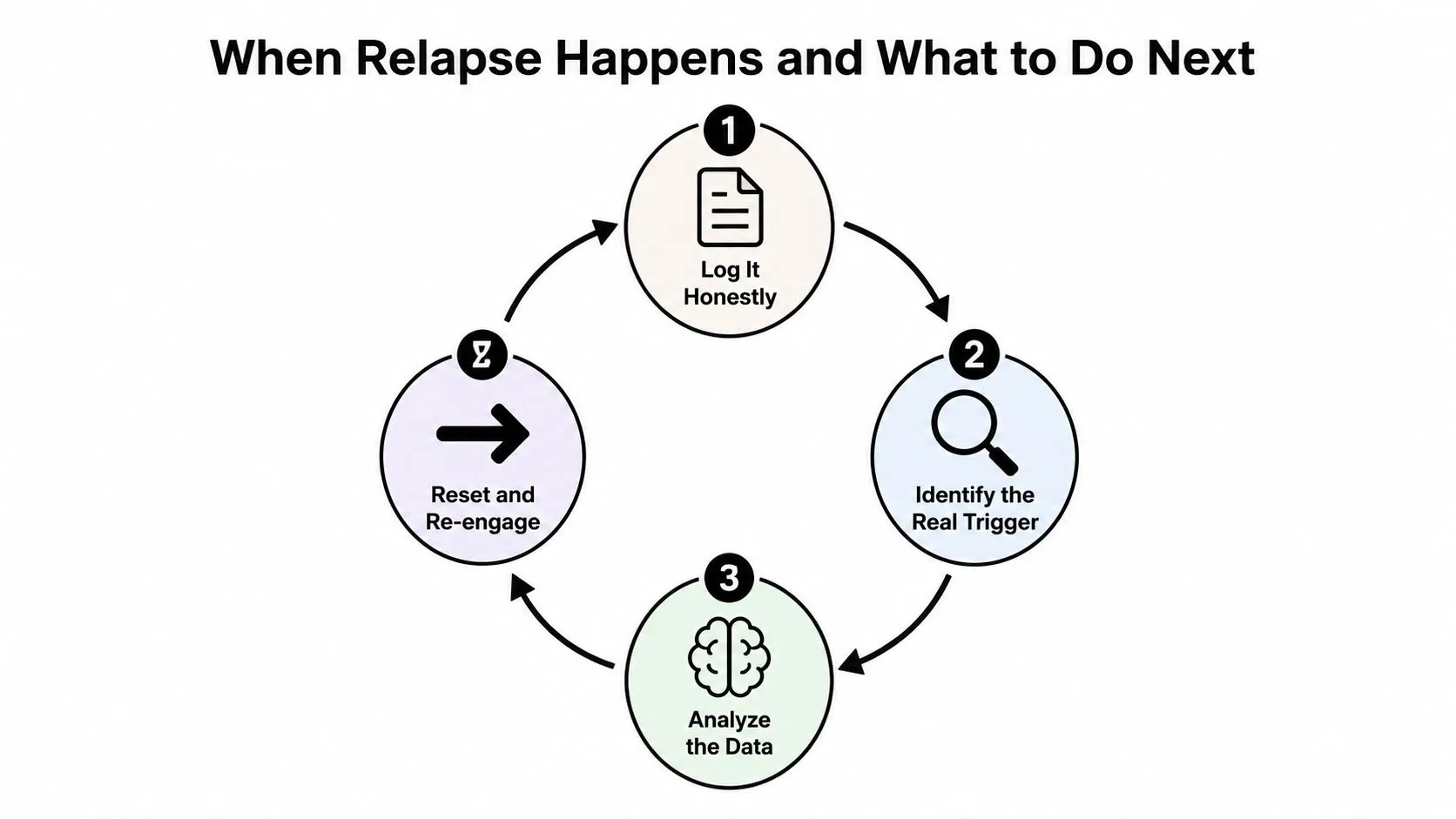 A circular flow chart detailing four steps to take after a relapse: log, identify, analyze, and reset.