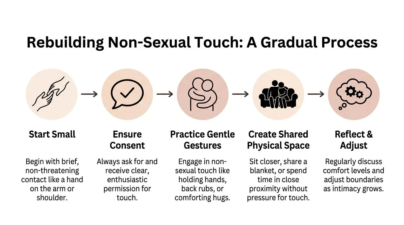 A five-step infographic guide titled Rebuilding Non-Sexual Touch showing a gradual process for reconnecting physically.