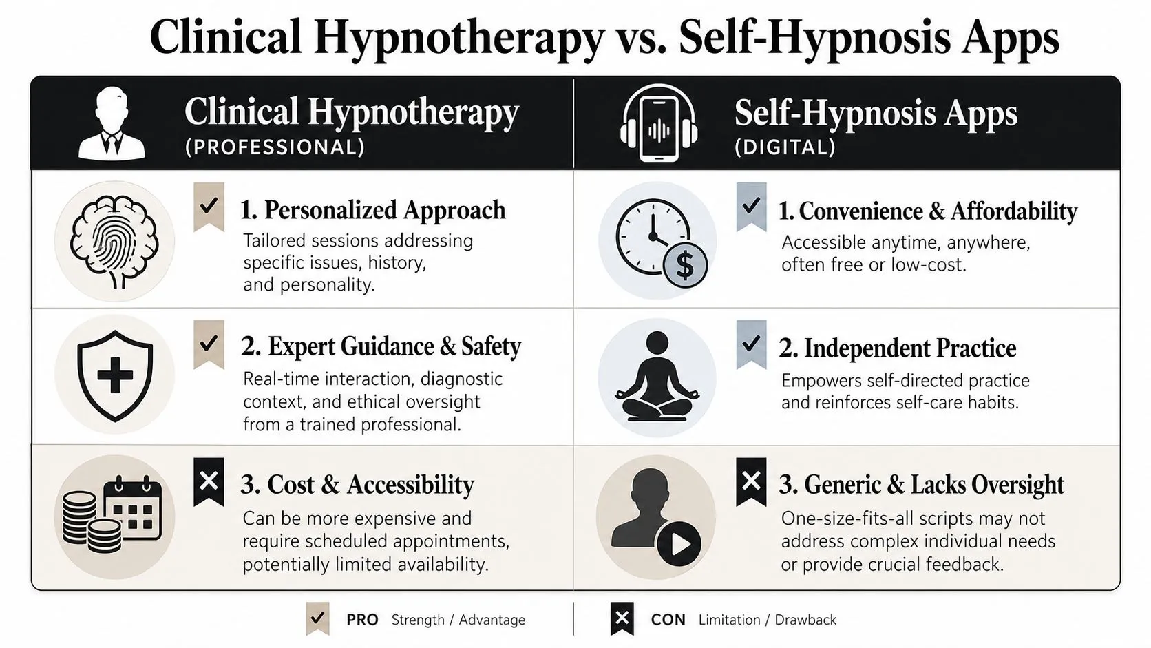 A comparison chart outlining the pros and cons of clinical hypnotherapy versus self-hypnosis mobile applications.