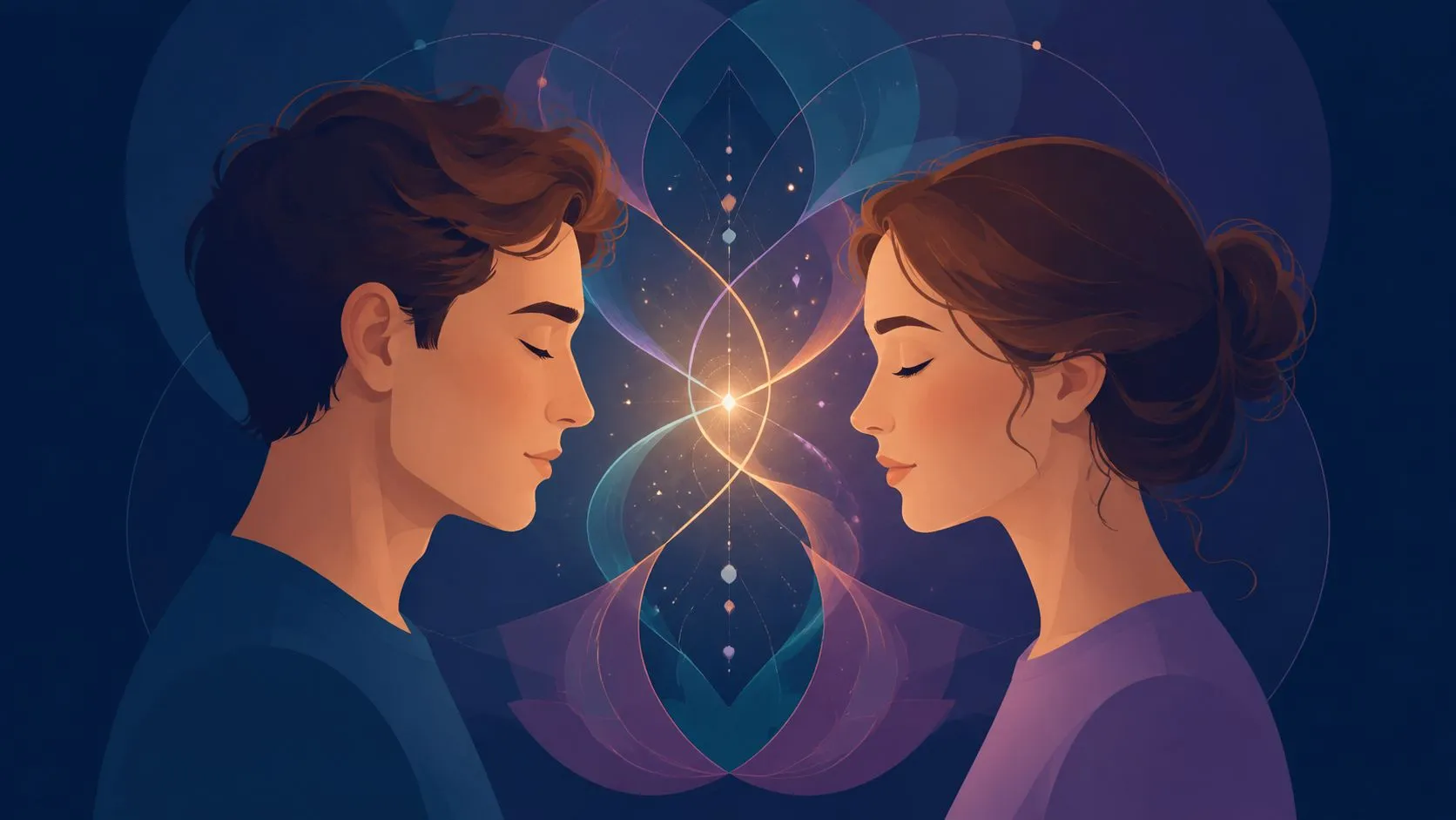 A man and woman in profile facing each other with a glowing mystical energy between their heads.