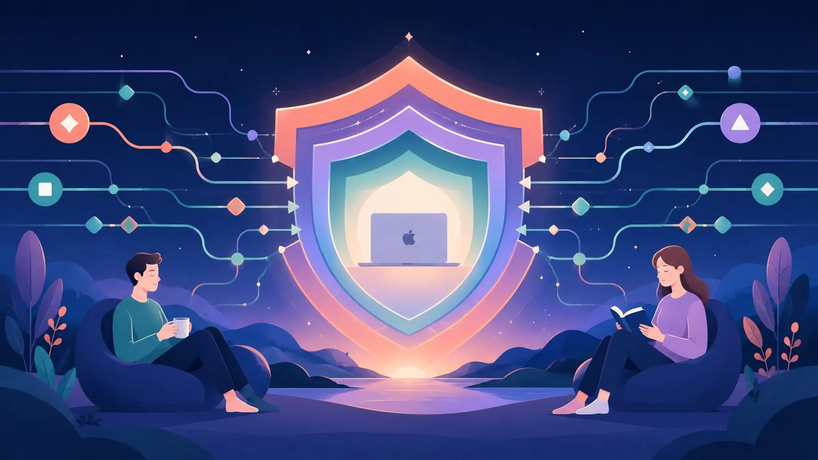 A man and woman relaxing in chairs while a glowing shield protects an Apple laptop icon