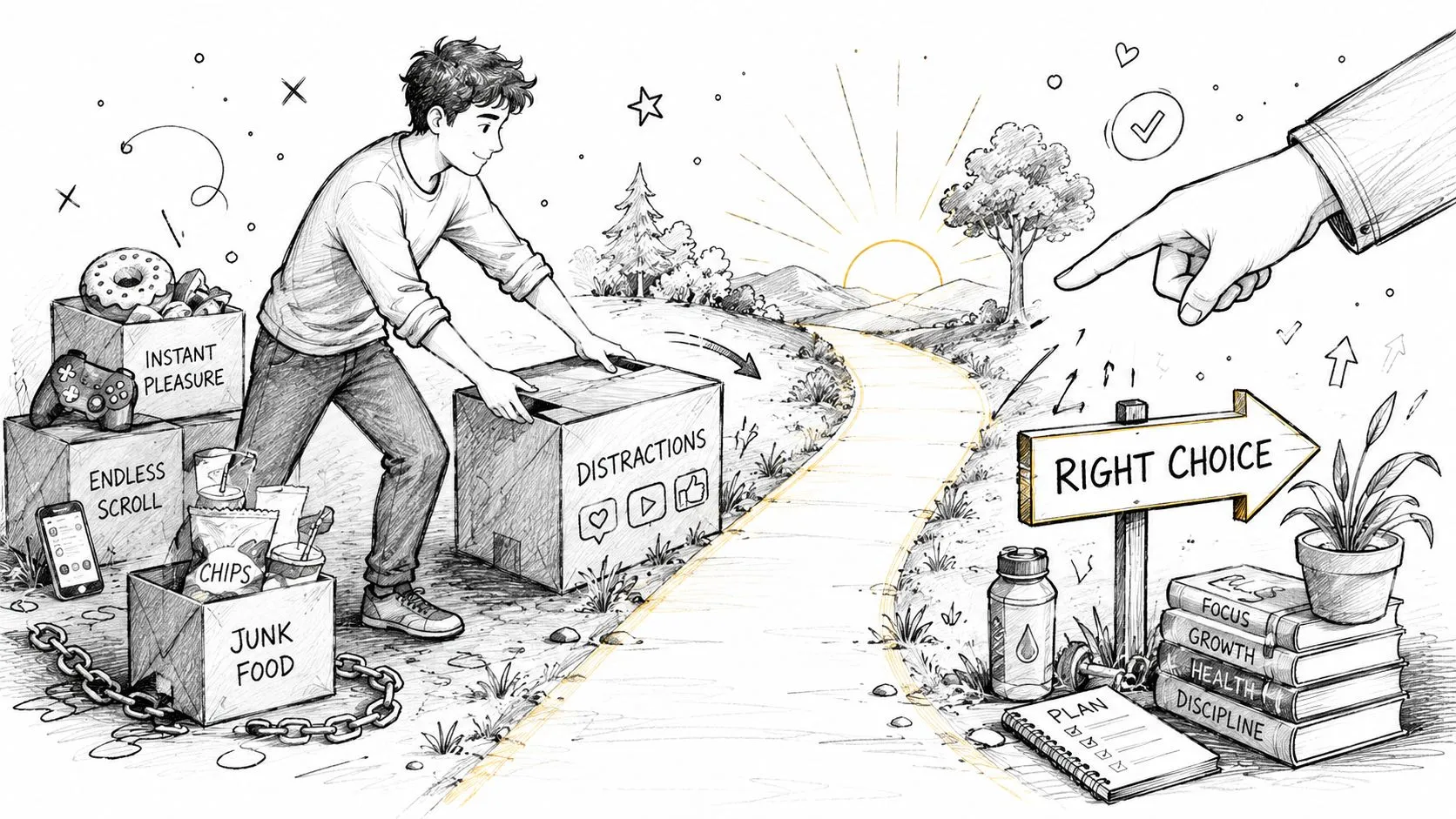 A conceptual illustration showing a person choosing between unhealthy distractions and productive habits for personal growth.