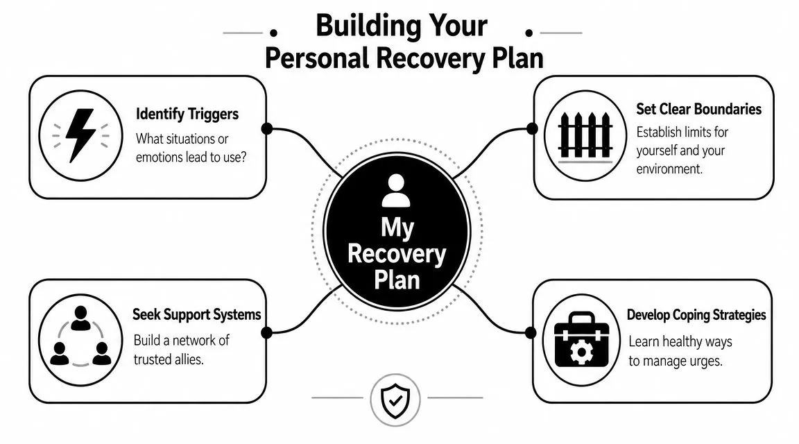 A diagram titled Building Your Personal Recovery Plan showing four key steps for overcoming addiction.