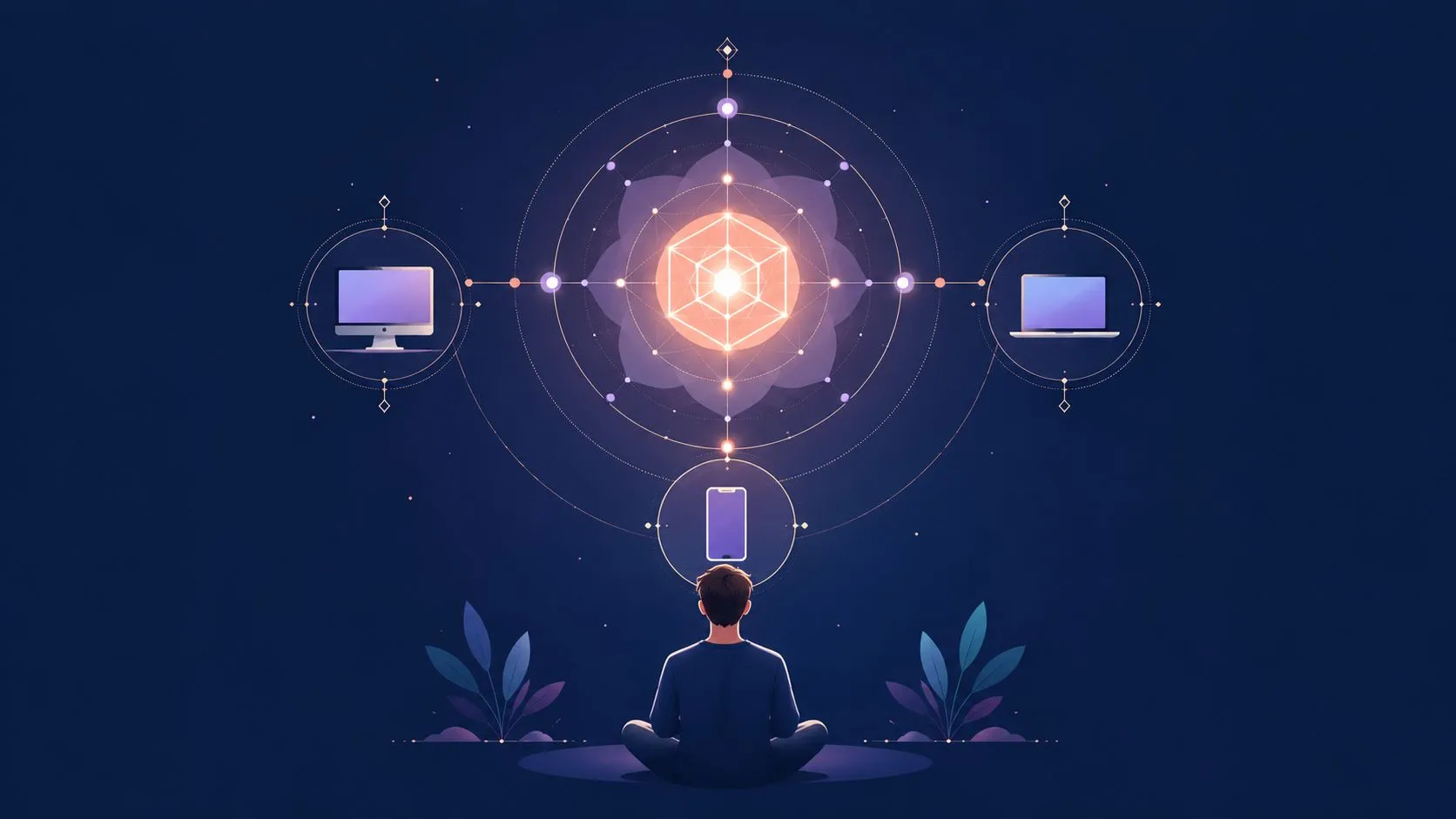 A digital artist meditating in front of connected devices representing seamless technology and mind integration.