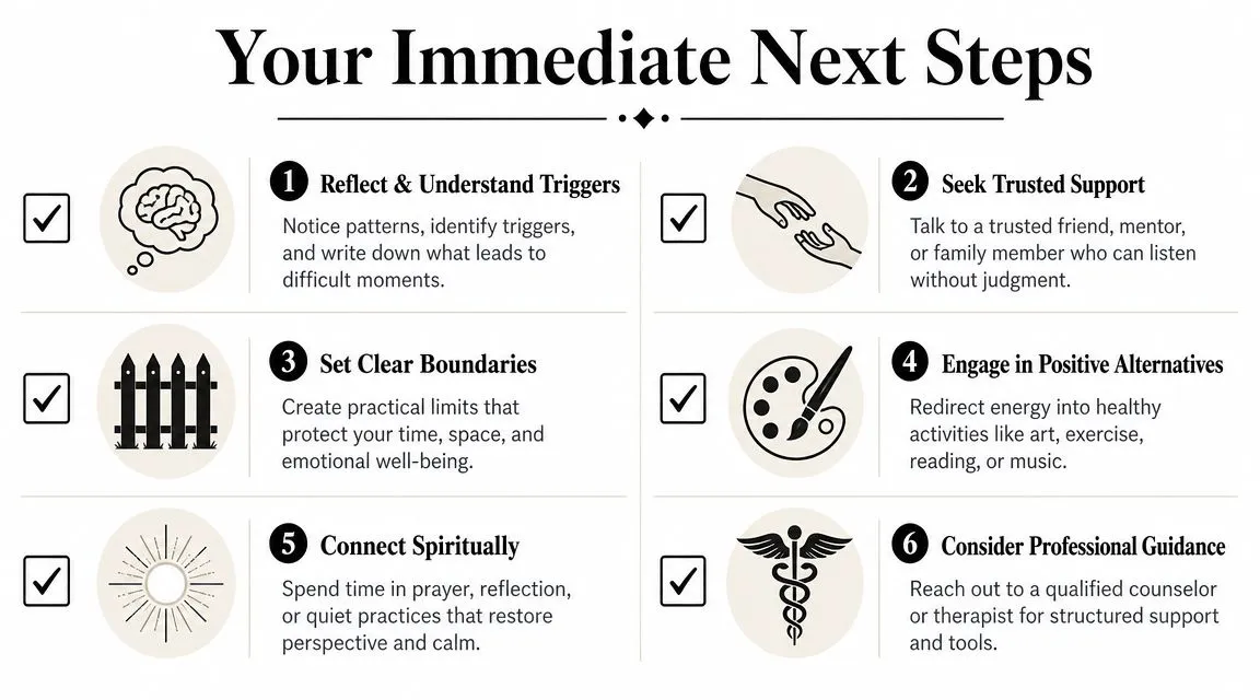 A checklist showing six actionable steps to overcome challenges and improve personal well-being.