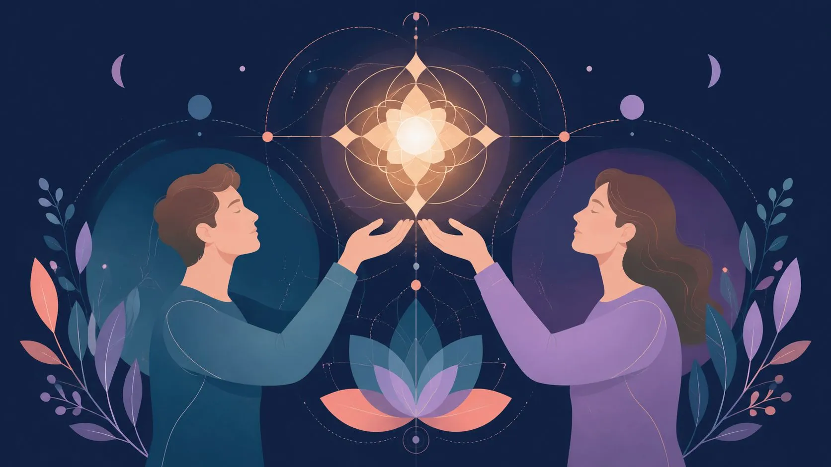 A couple standing face to face connecting their energy with a glowing mandala representing emotional intimacy.
