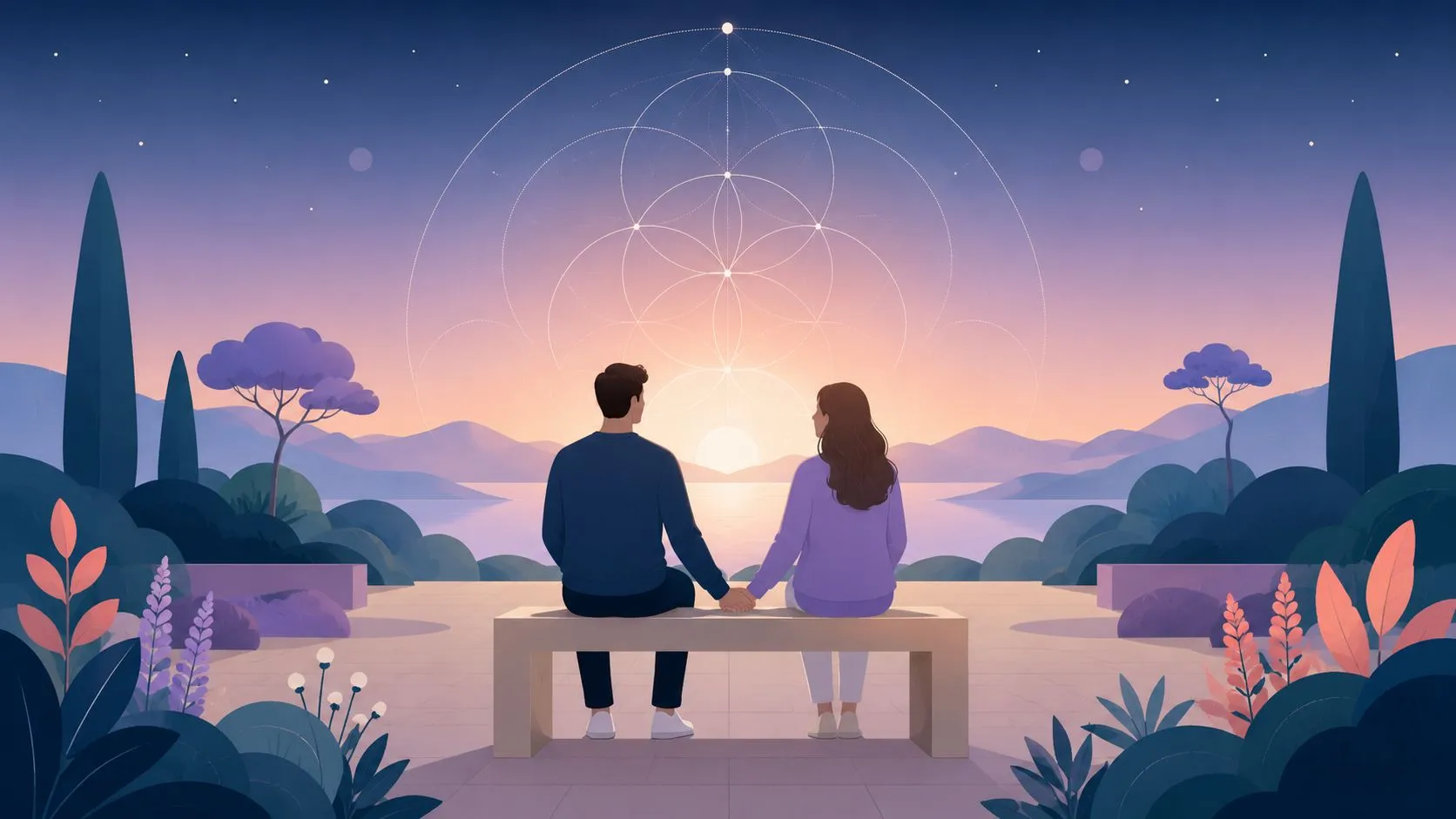 A couple sitting on a bench holding hands while watching a sunset with sacred geometry overlay.