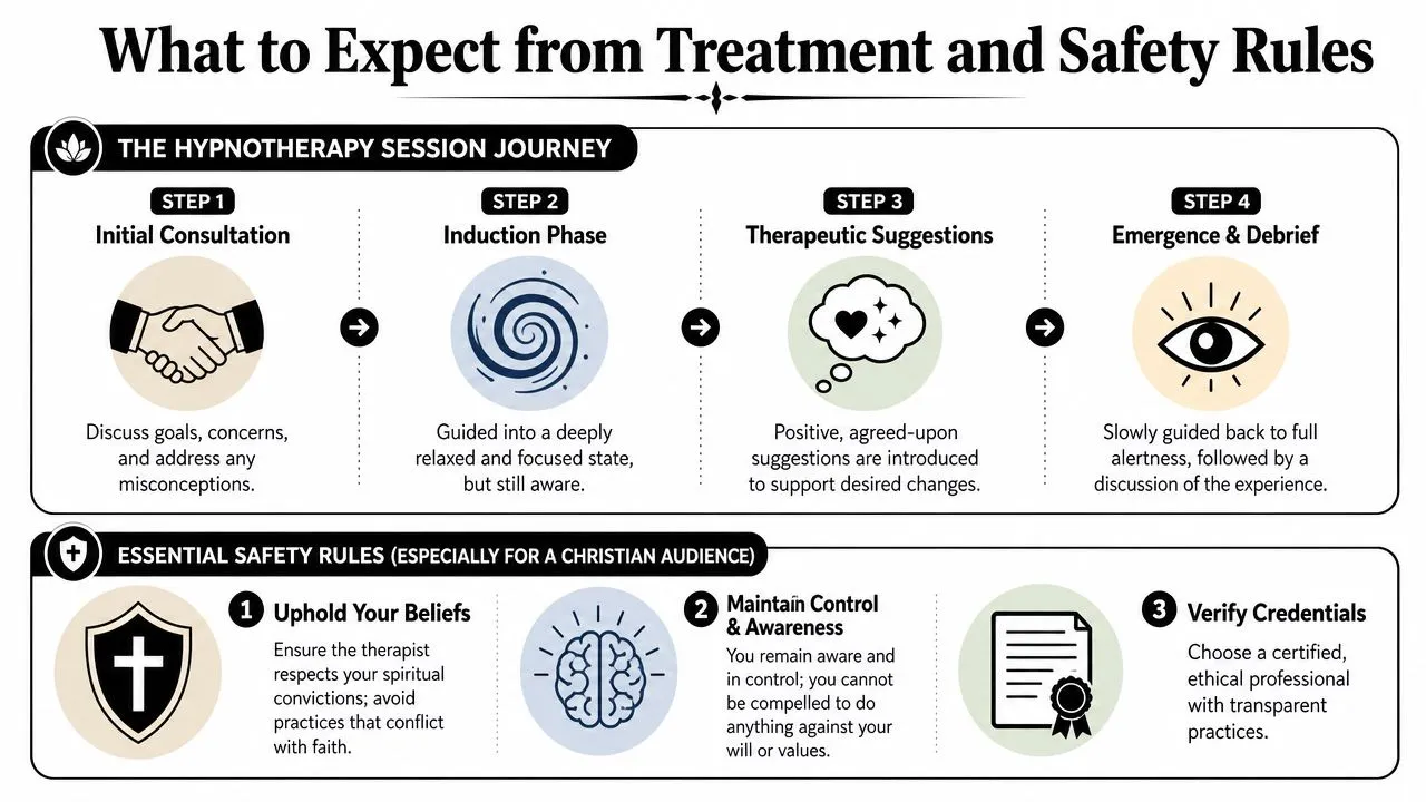 A diagram outlining the hypnotherapy session journey and safety rules for Christian clients seeking professional therapy.