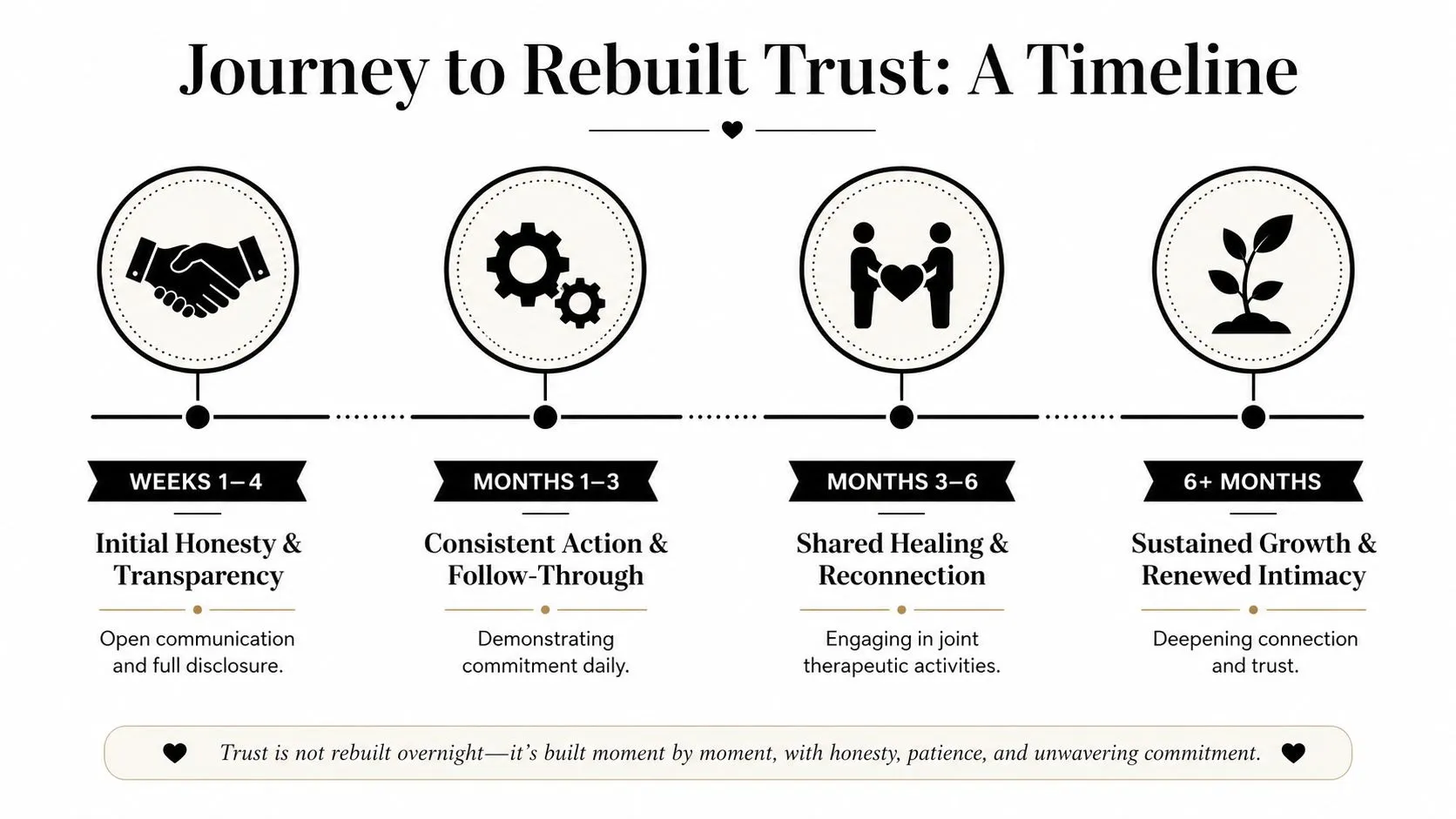 A timeline graphic illustrating the stages of rebuilding trust in a relationship from weeks to months.