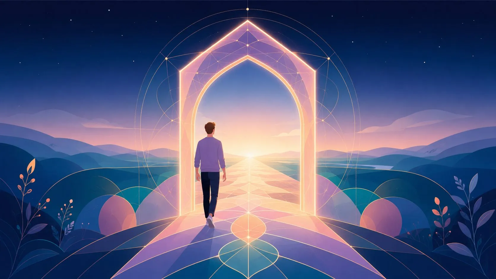 A man walks towards a glowing, ethereal archway leading into a sunrise over a peaceful, stylized landscape.