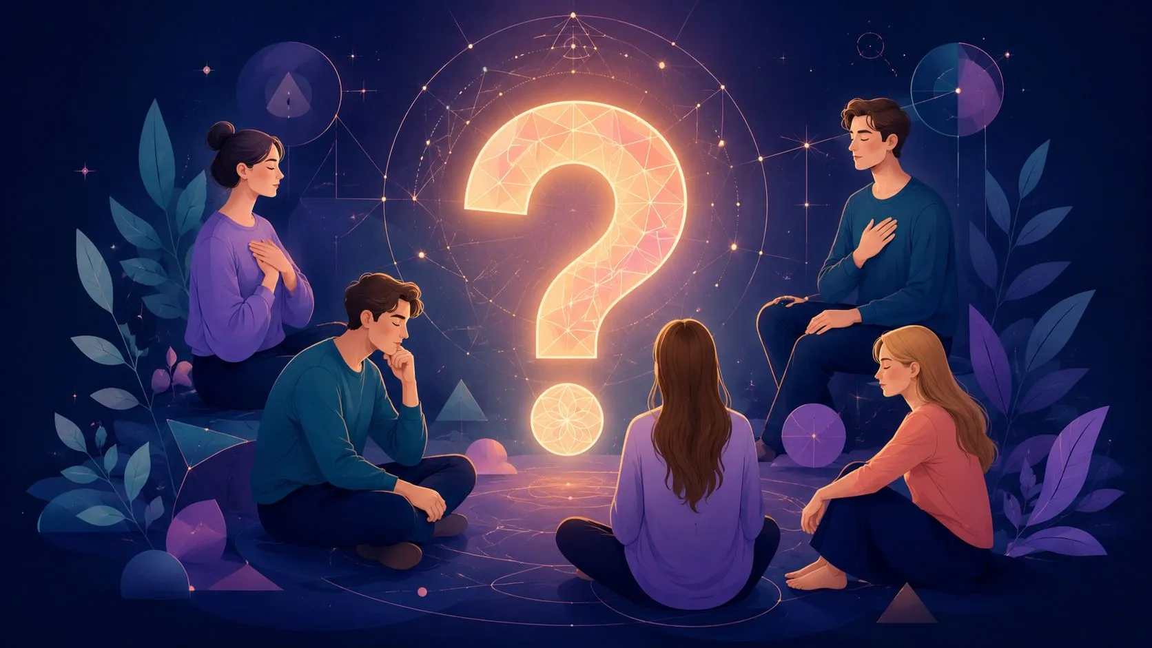 A group of people sitting in a circle meditating around a glowing, abstract question mark symbol.
