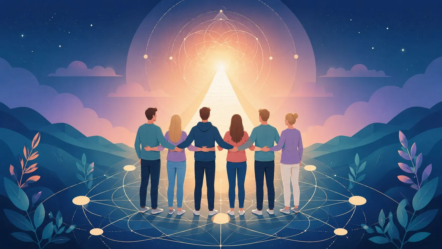 A group of six people standing together, looking toward a bright, radiant path in the sky.