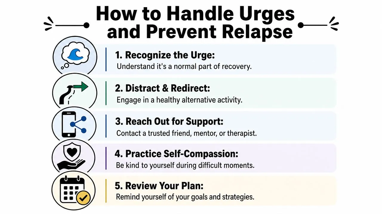 An infographic titled How to Handle Urges and Prevent Relapse, featuring five tips for addiction recovery.