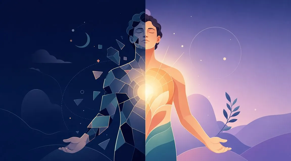 A conceptual illustration of a person divided between dark fragmented geometric shapes and radiant organic light.