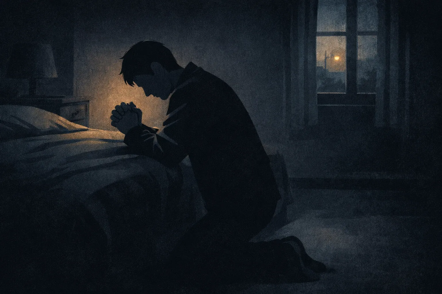 A man sitting quietly with his hands clasped, head slightly bowed — representing reflection and honest self-examination rather than shame