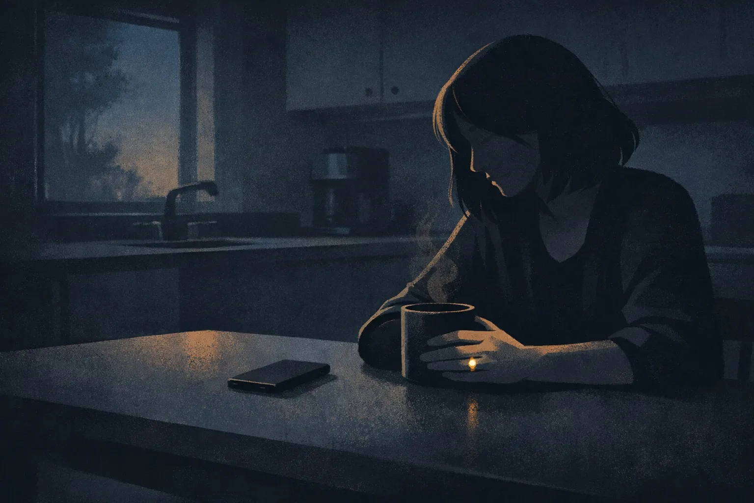 A couple sitting across from each other at a table, having a difficult but calm conversation — representing approaching this as partners, not opponents