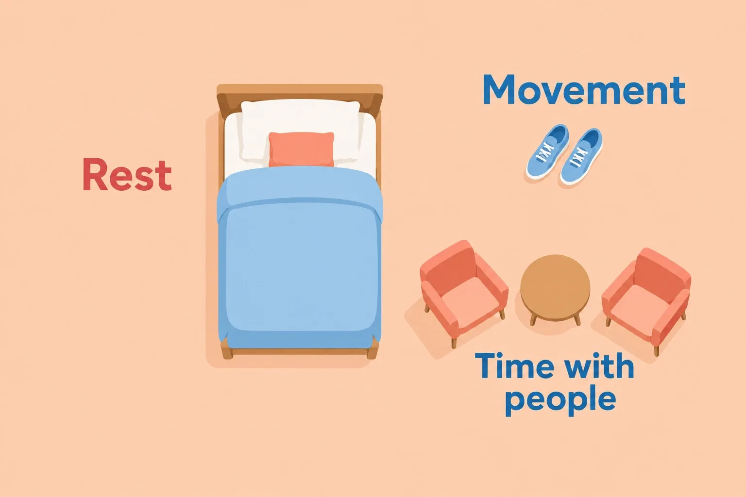 A bed, walking shoes, and two chairs illustrate rest, movement, and time with people.