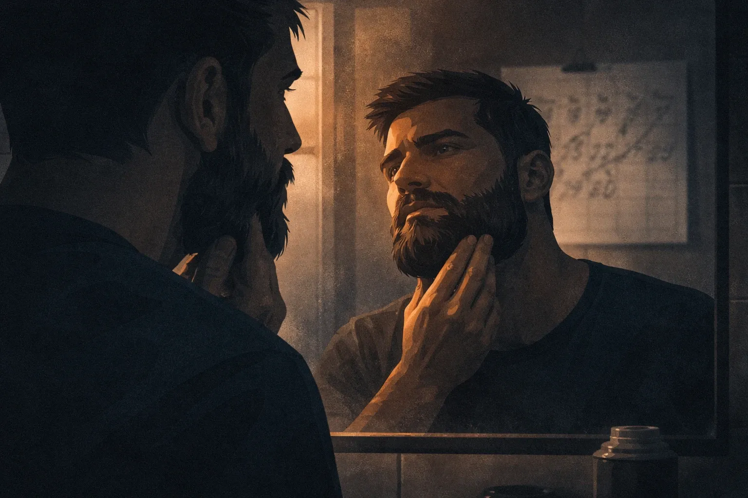 A man examining his beard in a mirror, illustrating the self-monitoring that often accompanies a NoFap streak