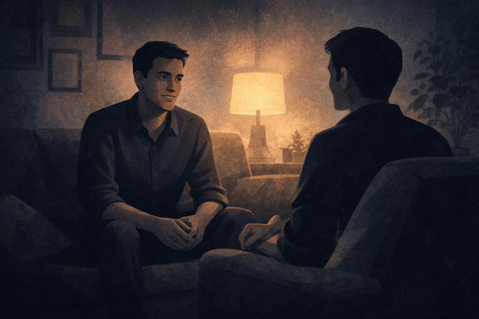 A man sitting outside in natural light, relaxed and present, talking with someone — representing re-engagement with real connection