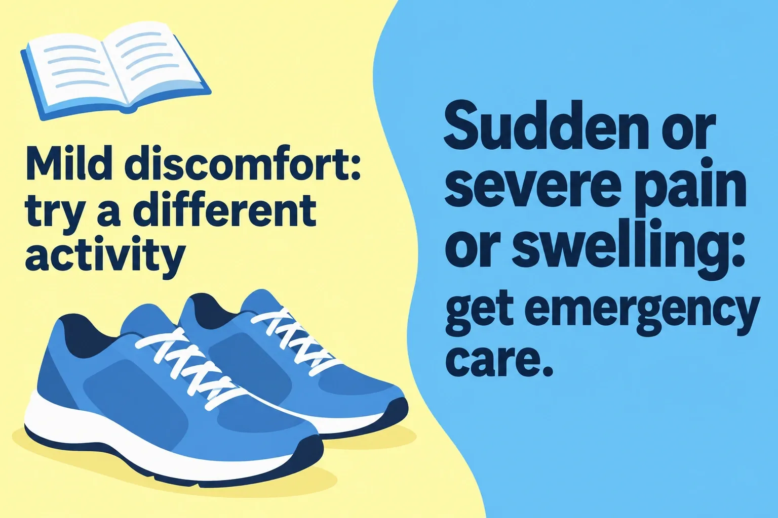 Simple shoes and a book suggest another activity for mild discomfort, beside a clear emergency-care warning for sudden or severe pain or swelling.