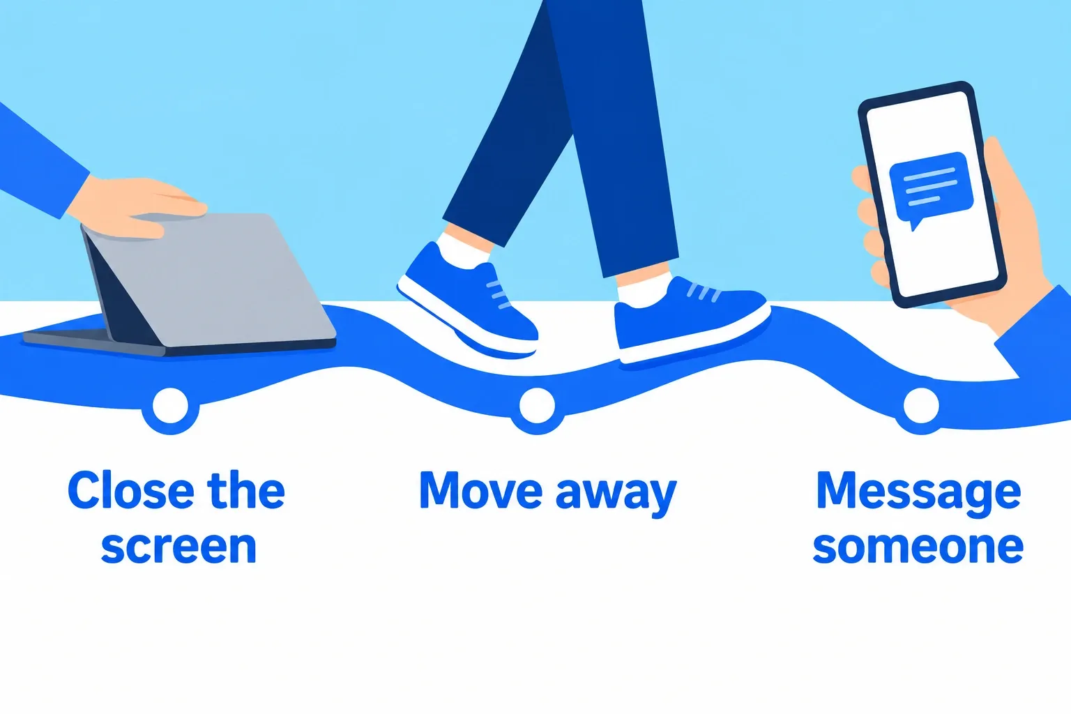 A three-part action sequence shows closing the screen, moving away, and messaging someone when an urge hits.