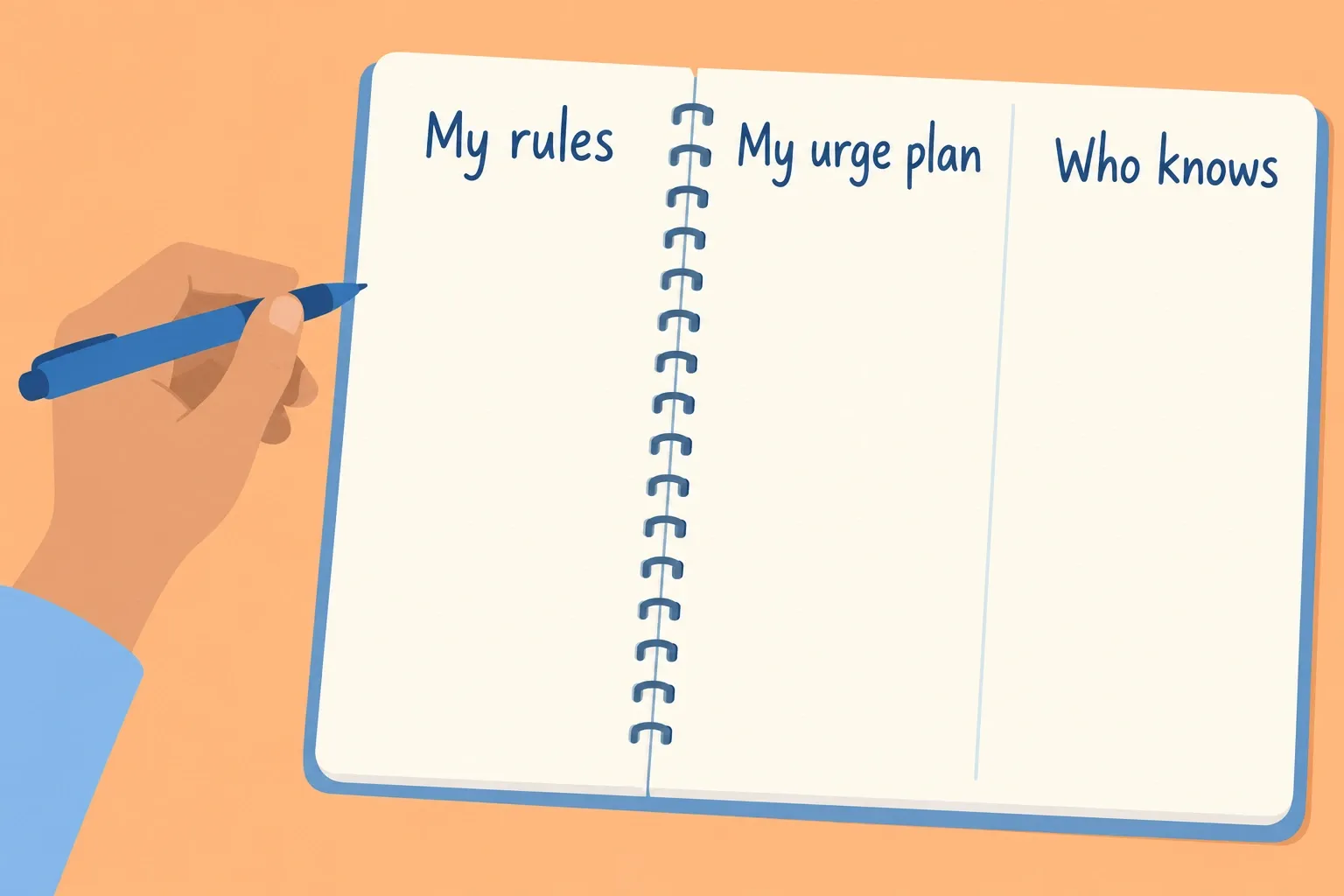 An open notebook provides space for personal rules, an urge plan, and the name of someone who knows.