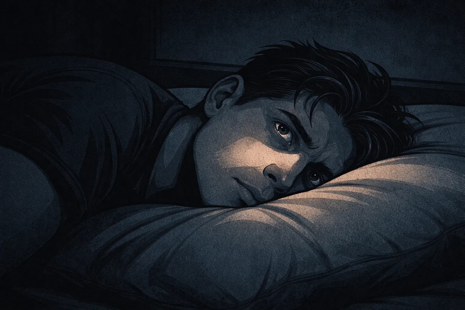 A dark bedroom with soft light from a window, representing the difficulty of sleep during early recovery