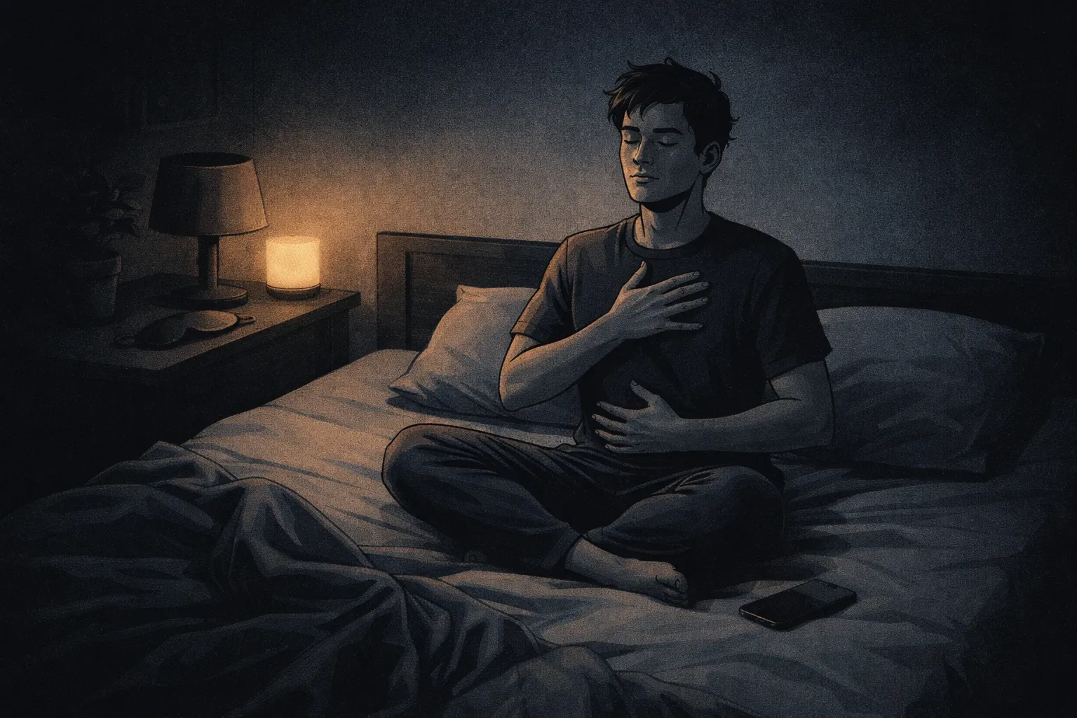 A person writing in a journal by dim lamp light before sleep, representing the journaling wind-down routine